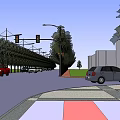 Urban Municipal Road With Traffic Lights Street Lamps Trees Vehicles Sidewalks And Buildings