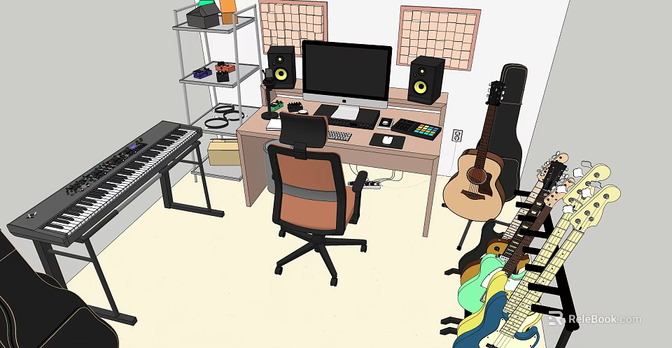 Creative Music Office Space With Computer Monitor Desk Chair Speakers Keyboard Guitars And Acoustic Panels 3d model 