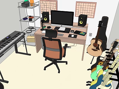 Creative Music Office Space With Computer Monitor Desk Chair Speakers Keyboard Guitars And Acoustic Panels 3d model