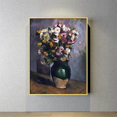 Oil Painting of Flowers in Green Vase on Wooden Table with Gold Frame 3d model