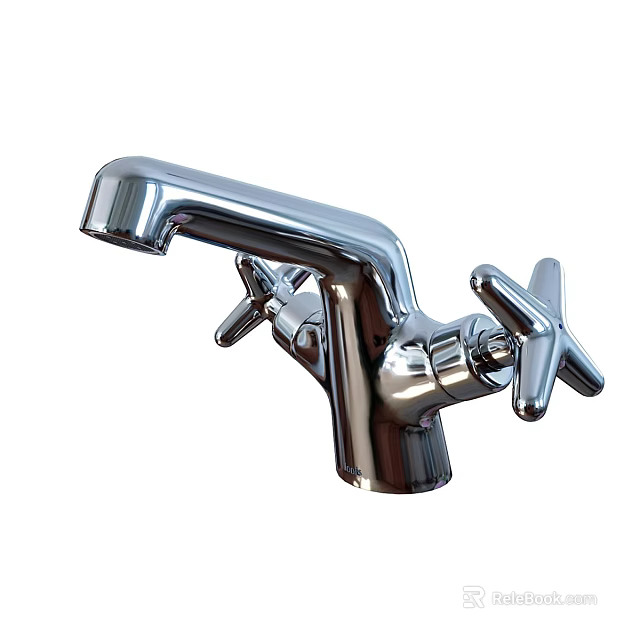 Chrome Finish Double Handle Cross Design Modern Sleek Faucet For Home Use 3d model 