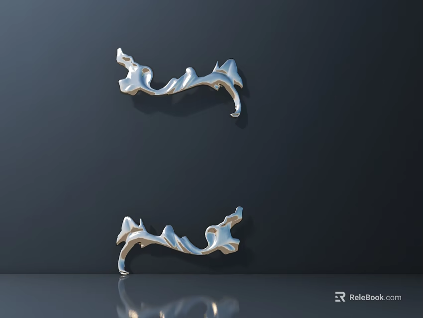 Silver Wavy Wall Decor Pieces On Dark Background Wall With Reflective Surface 3d model