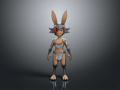 Rabbit Eared Warrior Character In Armored Outfit With Gray Fur And Red Eyes 3d model
