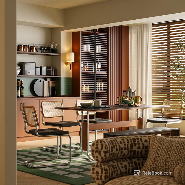 Modern Restaurant Interior With Open Layout Wooden Dining Table Chairs And Blinds 3d model 