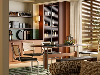 Modern Restaurant Interior With Open Layout Wooden Dining Table Chairs And Blinds 3d model