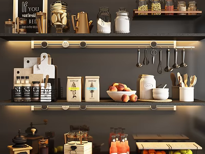 Well Organized Kitchen Storage With Utensils And Containers 3d model