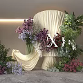 Elegant Floral Installation With Purple Pink Blooms Green Foliage And White Curtain For Romantic Wedding