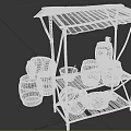 Rustic Wooden Market Stall Featuring Wooden Barrels Clay Jars And Metal Basin