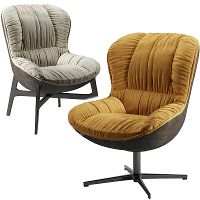 Gray and Yellow Velvet Accent Chairs with Pleated Backrest and Black Metal Legs 3d model