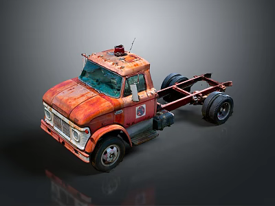 Rusty Red Vintage Truck Cab Chassis with Red Roof Emergency Light and Exposed Wheels 3d model
