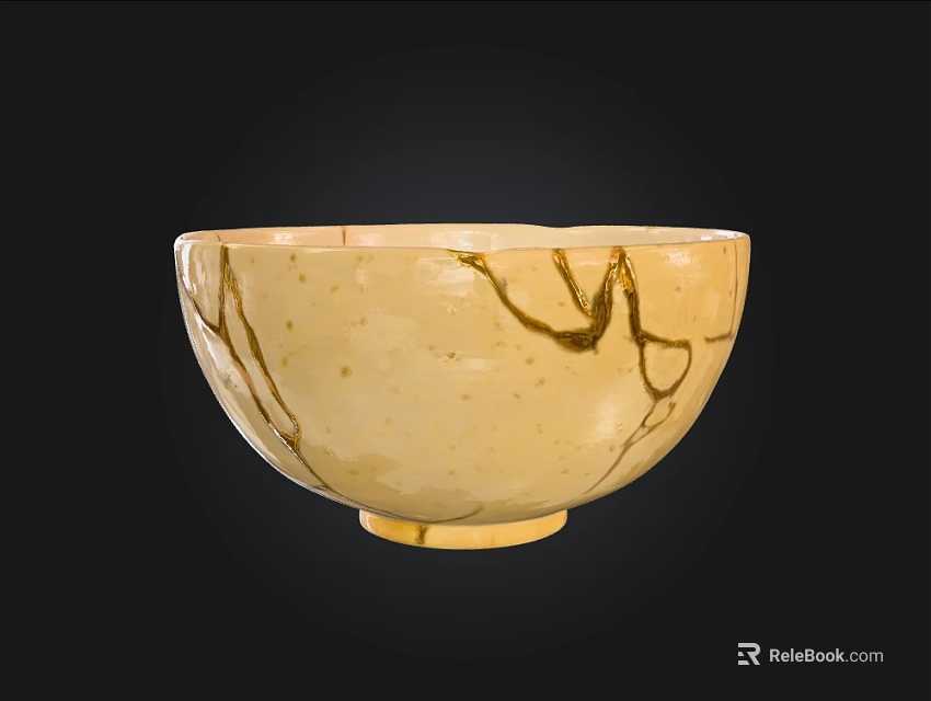 Decorative Handcrafted Cream Colored Ceramic Bowl With Golden Crackle Patterns 3d model 