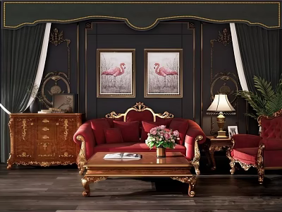 Luxurious Red Sofa And Coffee Table Set With Gold Carvings Dark Walls And Decorative Paintings 3d model