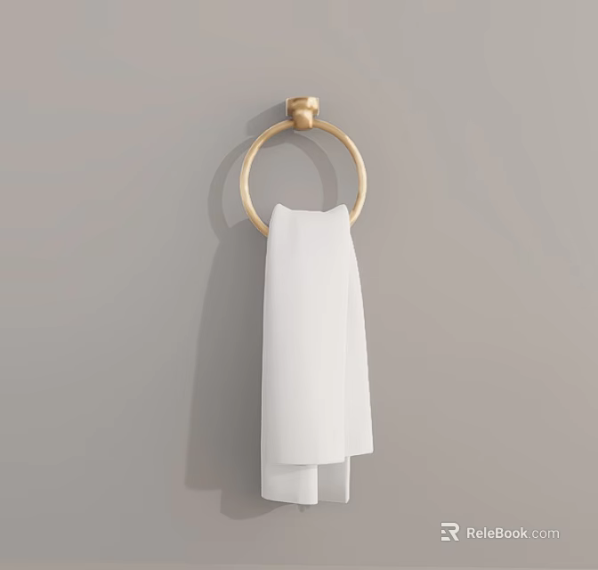 White Towel Hanging On Gold Towel Ring Against Gray Wall 3d model 