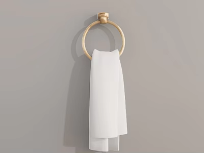 White Towel Hanging On Gold Towel Ring Against Gray Wall 3d model