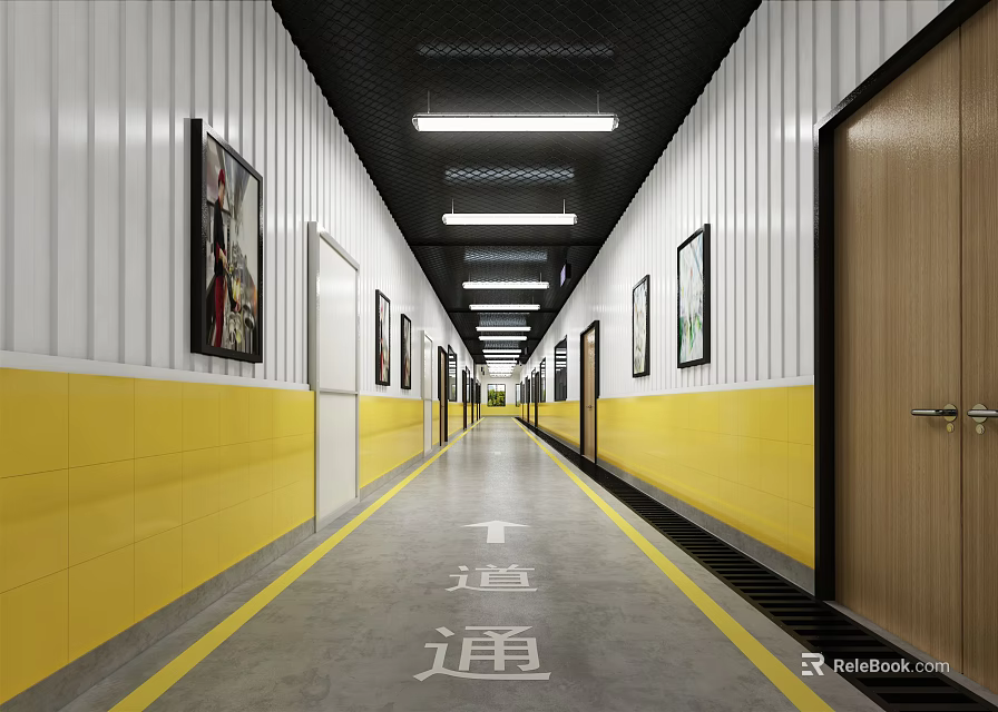 Elevator Corridor With Yellow And White Walls Side Doors Wall Paintings And Ceiling Lights 3d model 