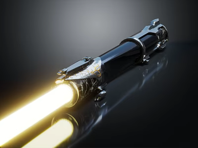 Weapon Lightsaber With Black Hilt Silver Accents Gold Details Yellow Blade On Black Smooth Surface 3d model