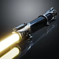Weapon Lightsaber With Black Hilt Silver Accents Gold Details Yellow Blade On Black Smooth Surface