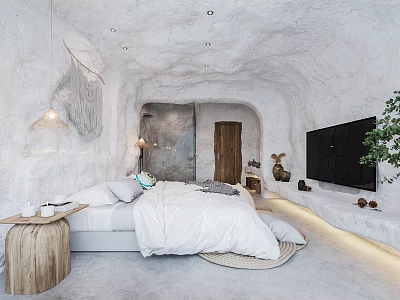 Cave Style Hotel Room With White Interior Wooden Bed TV Plant And Tapestry Decor 3d model
