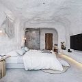 Cave Style Hotel Room With White Interior Wooden Bed TV Plant And Tapestry Decor