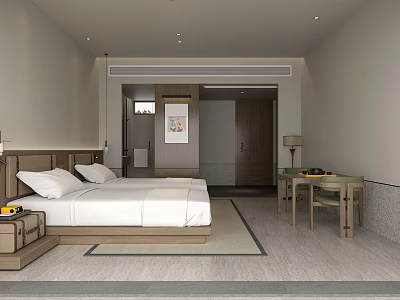 Modern Hotel Room Interior With Comfortable Bed Nightstand And Work Desk 3d model