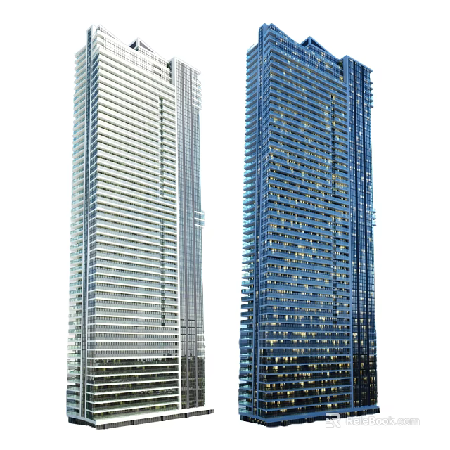 Two Modern High Rise Office Buildings With Glass Exterior And Contemporary Design 3d model 
