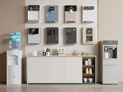 Daily Electrical Appliances Various Styles Water Dispensers Different Colors Mounted On Wall With Cabinet Cups 3d model