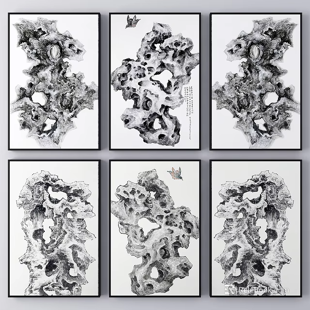 Traditional Chinese Ink Stone Paintings Six Framed Black White Art With Hollow Texture Patterns 3d model 