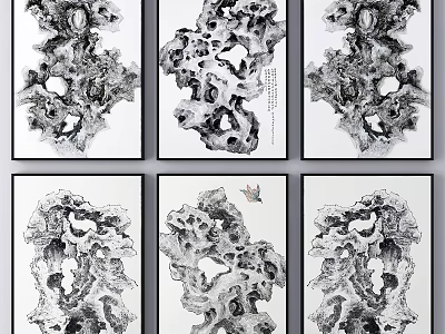 Traditional Chinese Ink Stone Paintings Six Framed Black White Art With Hollow Texture Patterns 3d model