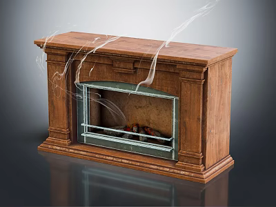 Wooden Fireplace With Glass Door And Burning Logs Classic Design Frame Emanating Smoke 3d model