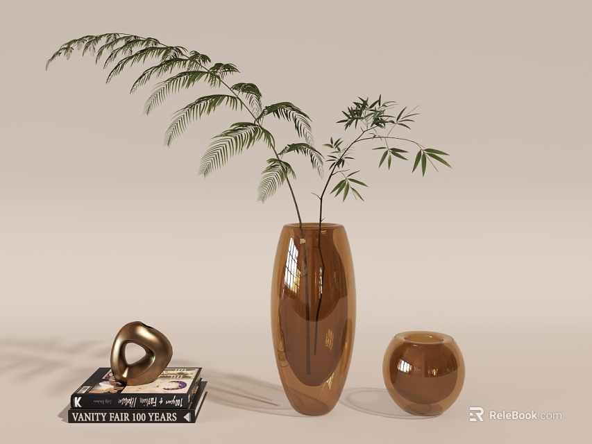 Brown Vase With Green Foliage Near Small Round Container Black Book And Golden Ring Ornament 3d model 