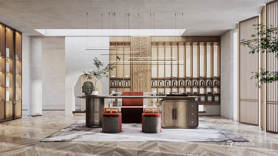 Modern Tea Room Interior Design With Wooden Grilles Hanging Lights Red Chairs And Decorative Plants 3d model 