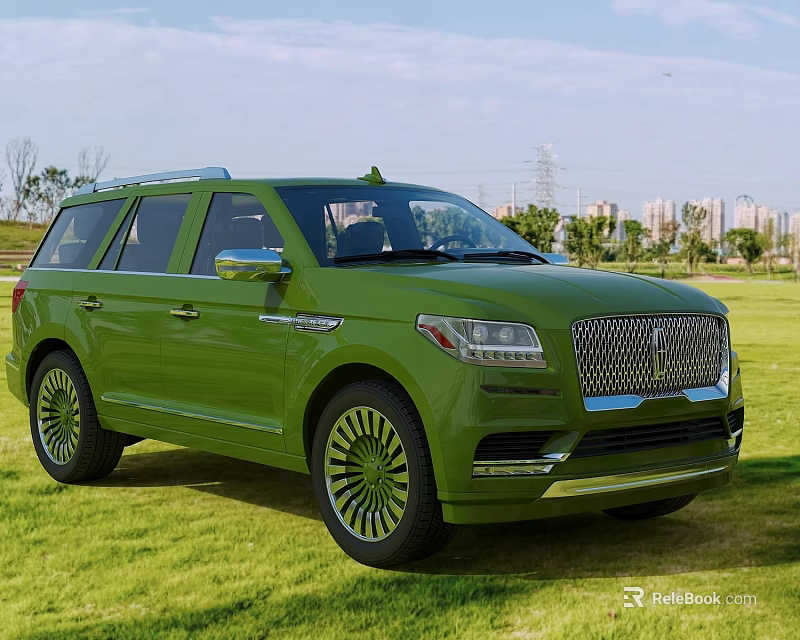 Green Luxury SUV Car With Chrome Grille Large Alloy Wheels On Grass Field City Skyline 3d model 