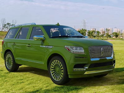 Green Luxury SUV Car With Chrome Grille Large Alloy Wheels On Grass Field City Skyline 3d model