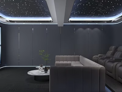 Home Theater Interior With Starry Ceiling Gray Walls Sofa And Recliner Seats 3d model