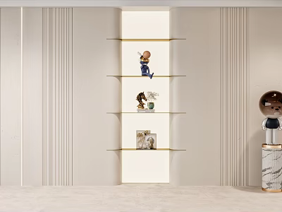 Elegant Sofa Backdrop Wall With Modern Vertical Stripes Glass Shelves And Decorative Figurines Photo Frames 3d model