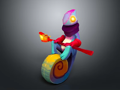 Colorful Cartoon Snail With Glowing Eyes Holding Yellow Lantern And Red Ribbons On Spiral Shell 3d model