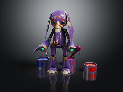 Purple Mechanical Rabbit Like Robot Character Painting With Colorful Paint Buckets On Reflective Floor 3d model