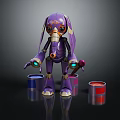 Purple Mechanical Rabbit Like Robot Character Painting With Colorful Paint Buckets On Reflective Floor