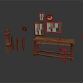 Rustic Interior Scene With Wooden Table Stool Decorative Wall Frames And Pillars