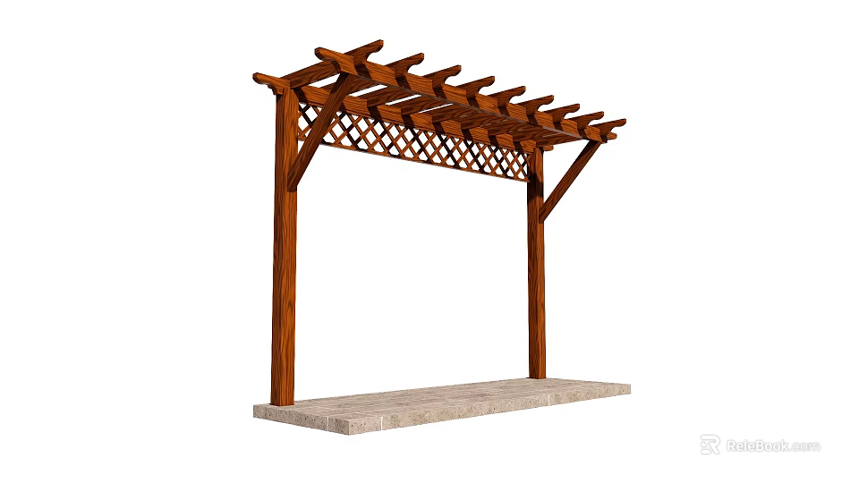 Wooden Garden Pergola with Lattice Top Design and Stone Base Platform Structure 3d model 
