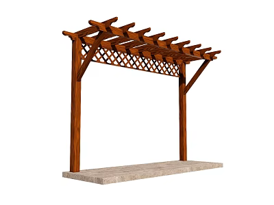 Wooden Garden Pergola with Lattice Top Design and Stone Base Platform Structure 3d model