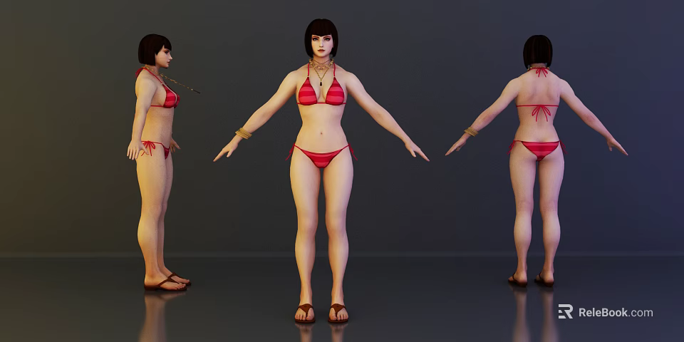Three Angles View Of Woman In Red Bikini With Necklace Wrist Accessories And Sandals 3d model 