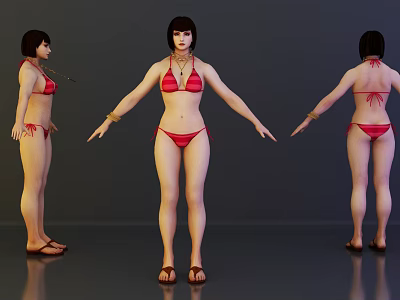 Three Angles View Of Woman In Red Bikini With Necklace Wrist Accessories And Sandals 3d model