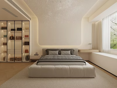 Modern Minimalist Bedroom with Starry Ceiling Light Colored Design Display Cabinet and Large Window 3d model