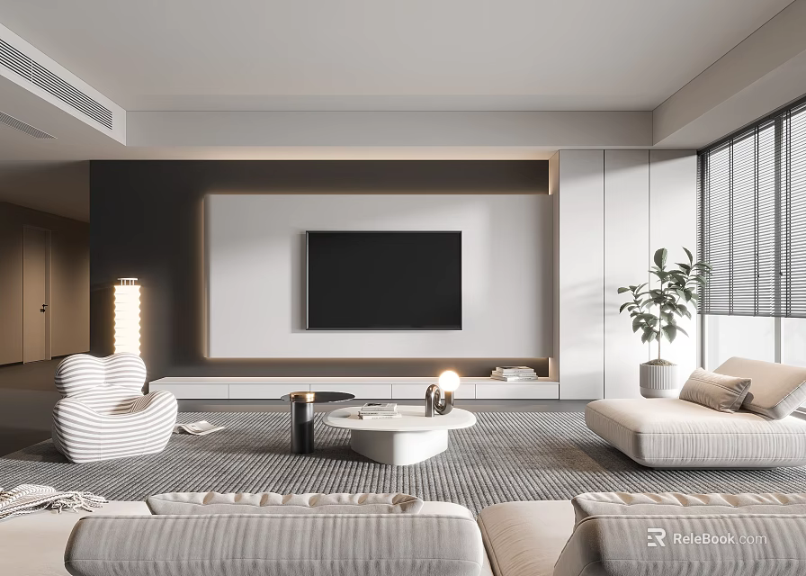 Modern Living Room Interior Design With Sofa TV Wall Coffee Table Decorative Lamp And Plant 3d model 