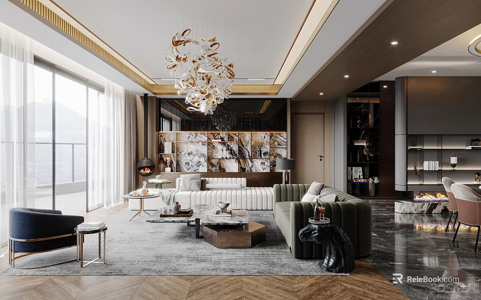 Elegant Living and Dining Room Interior With Chandelier Green Sofa Marble Floor and Floor-to-Ceiling Windows 3d model 