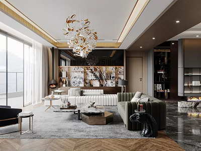 Elegant Living and Dining Room Interior With Chandelier Green Sofa Marble Floor and Floor-to-Ceiling Windows 3d model