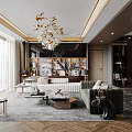 Elegant Living and Dining Room Interior With Chandelier Green Sofa Marble Floor and Floor-to-Ceiling Windows