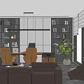 Modern Office Interior Design With Sofa Desk Chairs Bookshelves And Green Plants