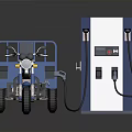 Blue Three Wheeled Motorcycle Charging at Electric Charging Station